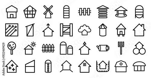Sustainable agriculture and smart farming infrastructure elements. Minimalist monoline icons featuring barns, silos, windmills, and eco-friendly rural architecture.