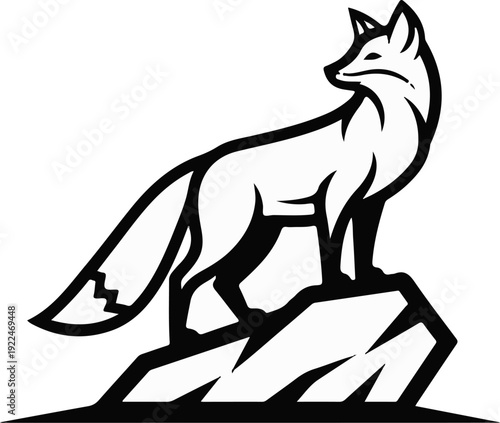 Stylized black and white illustration of a fox standing on rocky terrain
