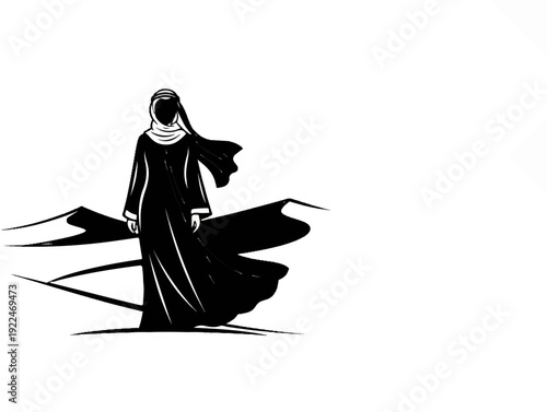 Silhouette of a veiled figure in a flowing robe amidst desert dunes