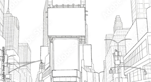 Sketch of a busy urban street with towering buildings and blank billboards