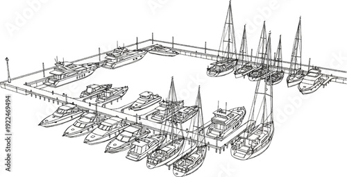Sketch of a busy harbor filled with various sailboats and motor yachts