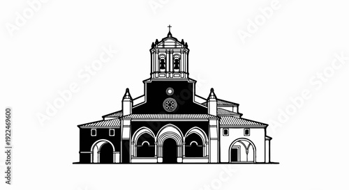 Stylized black and white illustration of a grand church with a prominent bell tower