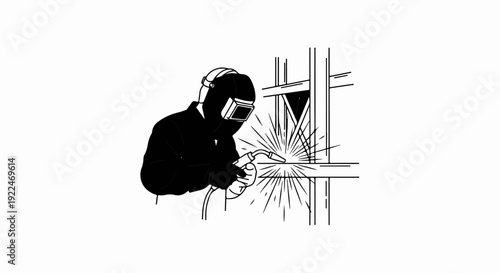 Silhouette of a welder in protective gear sparks metal structure with a torch