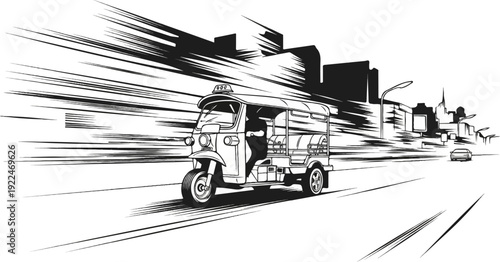 Speeding tuk-tuk navigates a busy city street with a car in distance