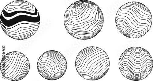 Spherical abstract patterns featuring dark and light wavy lines and stripes