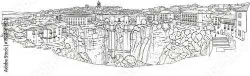 Sketch of a city built on cliffs with a large bridge spanning a gorge