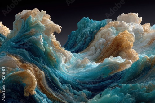 Abstract waves of blue, white, gold fabric flow beautifully on dark. Perfect for backgrounds, luxury designs, or creative artistic projects.