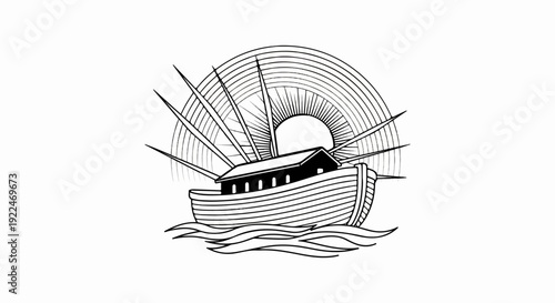 Stylized ark sailing on wavy water with a radiating sunburst behind