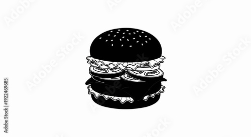 Stylized black burger with multiple layers and sesame seeds