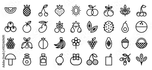 Organic fruit and healthy nutrition monoline icons for grocery branding and juice packaging. Minimalist botanical line art featuring exotic produce and harvest symbols.