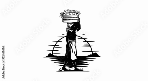 Silhouette of a woman carrying a basket of produce over her head at sunset