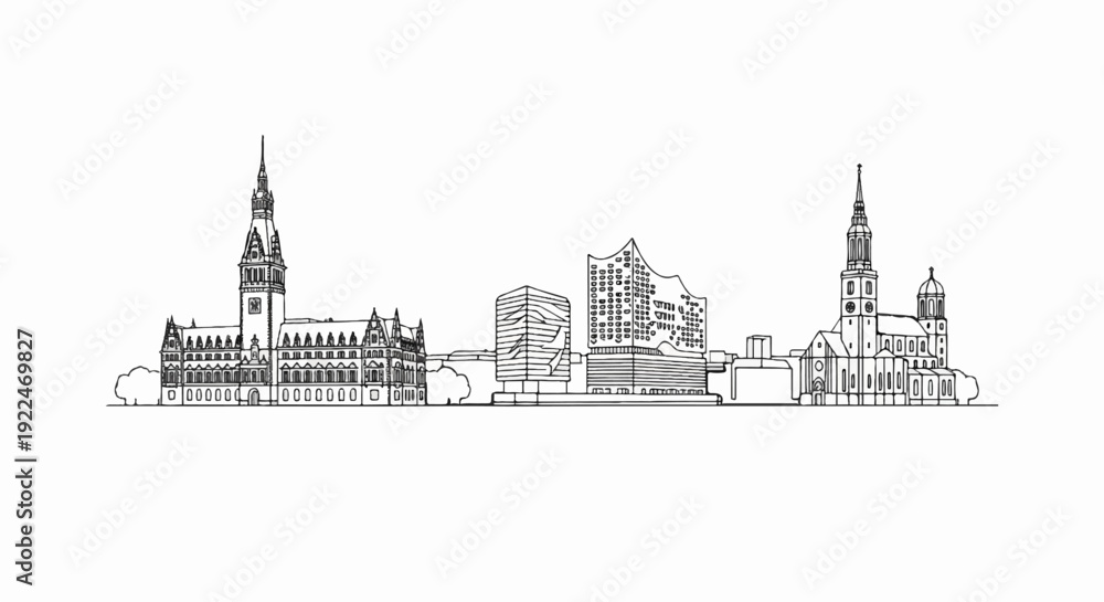 Obraz premium Sketch of a city skyline with varied architectural styles