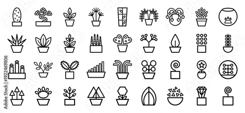 Modern botanical line art icons featuring geometric houseplants and abstract succulent shapes. Professional monoline floral elements for interior design branding and digital gardening interfaces.