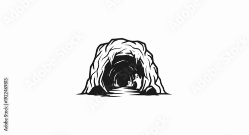 Spooky cave entrance with glowing figures and a dark, mysterious tunnel