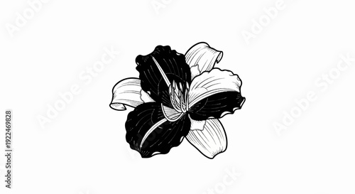 Stark black and white linework drawing of a blooming flower with contrasted petals