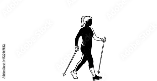 Silhouette of a woman in athletic wear walking with poles