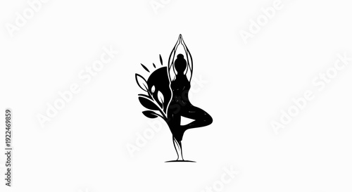 Silhouette of a woman in yoga tree pose with sun and leaves