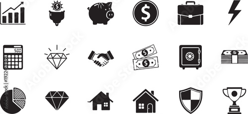 Diverse icons representing various aspects of business and finance isolated on white background, Vector