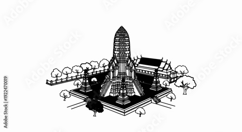 Stylized black and white illustration of a multi-tiered temple with surrounding trees and buildings