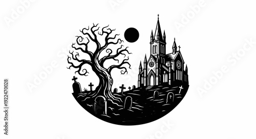 Spooky scene with a gothic church, bare tree, and graveyard under a full moon