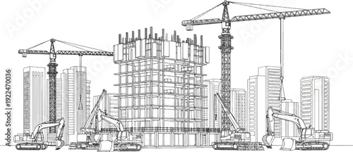 Sketch of a construction site with cranes and excavators building skyscrapers