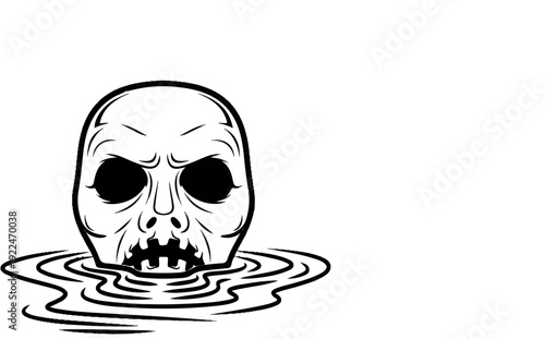 Spooky skull emerges from rippling black water with dark, empty eyes