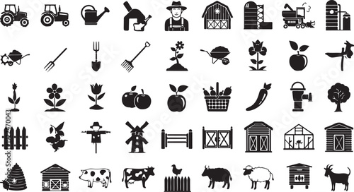 A diverse collection of farming and agricultural icons in a single image isolated on white background, Vector