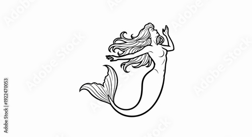 Stylized black and white illustration of a mythological mermaid swimming upwards