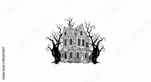 Spooky Victorian mansion with gnarled trees on a white background