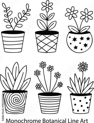 Six charming minimalist hand drawn potted plants with varied patterns on their containers