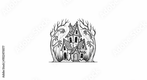 Spooky, whimsical house surrounded by gnarled trees with reaching branches