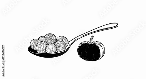 Spoonful of round spices next to a dark, small pumpkin