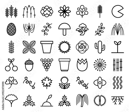 Botanical line art symbols and organic plant silhouettes for sustainable branding. Minimalist monoline pictograms featuring garden flora, foliage, and forestry elements.