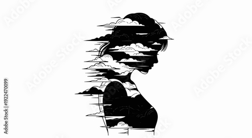 Silhouette of a woman's profile filled with abstract clouds and streaks