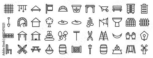 Garden landscaping and outdoor living monoline icons featuring backyard furniture, horticulture tools, and exterior decorative elements for urban planning.