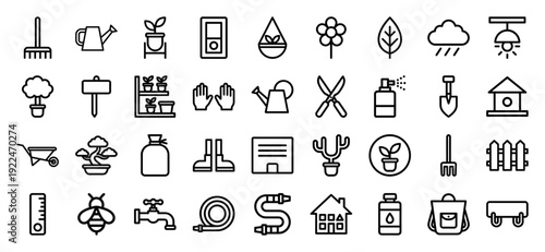 Sustainable gardening and urban farming monoline icons. Professional horticultural pictograms for landscaping, plant care, and organic cultivation interfaces.