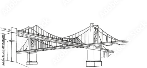 Sketch of a large suspension bridge with multiple levels and towers
