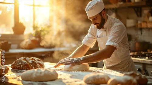 A baker in white uniform, sprinkles flour while kneading dough, bathed in warm sunlight