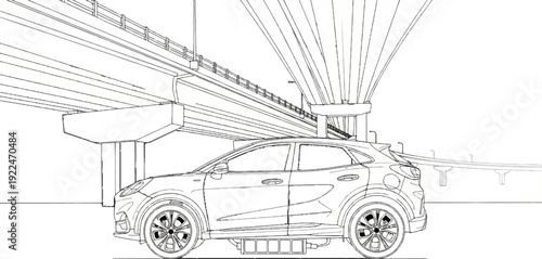 Sketch of a modern car parked under an elevated highway structure