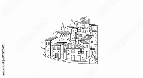 Sketch of a quaint hillside village with tiled roofs and narrow winding paths