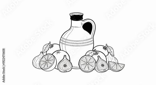 Sketch of a pitcher with fruits, oranges, and figs, some sliced