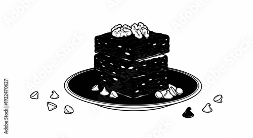Stacked chocolate brownies with walnuts and chocolate chips on a plate