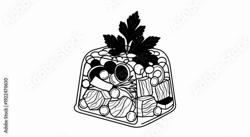 Sketch of a savory gelatin mold with meat, vegetables, and herb garnish