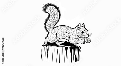Sketch of a squirrel holding a peanut on a wooden post
