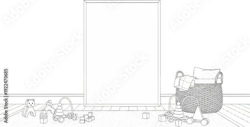 Sketch of a room with toys scattered, including a bear, stacking toys, blocks, and a basket with pillows