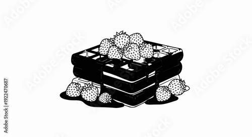 Stacked chocolate waffles topped with strawberries, drizzled with sauce