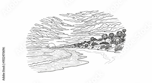 Sketch of a serene coastline with a sunset over the water and coastal flora