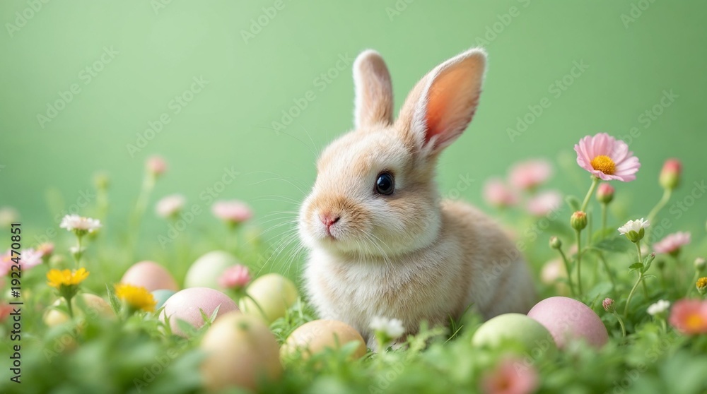Fototapeta premium Small bunny rabbit sitting in a spring meadow with Easter eggs and wildflowers. Fluffy brown rabbit in green grass with pastel eggs. Easter holiday background concept