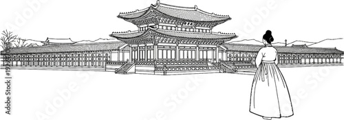 Sketch of a traditional Korean building and a woman in a long dress