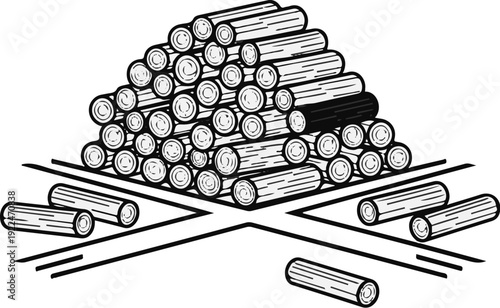 Stacked logs forming a pyramid with some logs scattered on parallel lines